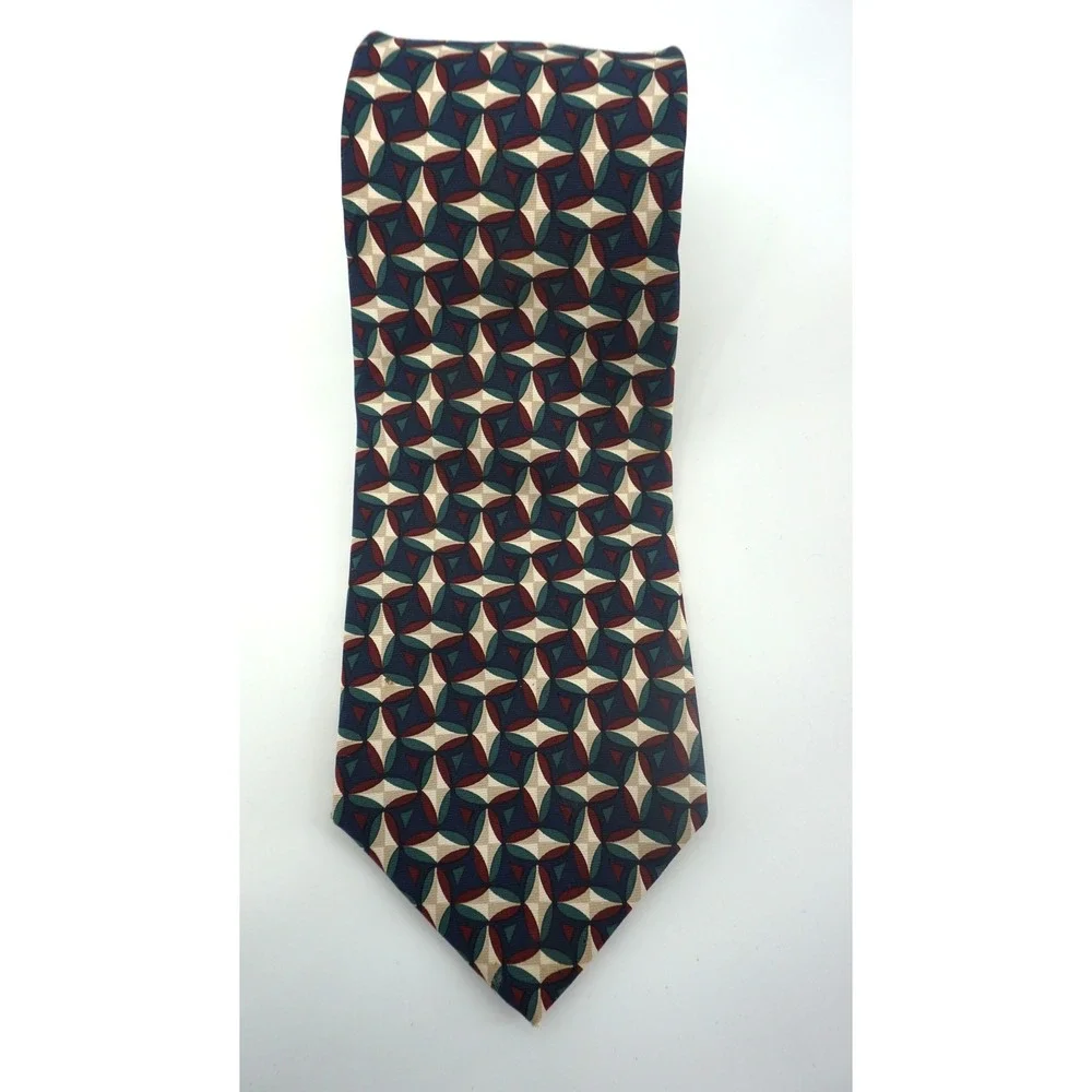 Brooks Brothers 1818 Mens Silk‎ Tie Navy Blue Burgundy Geometric Medallion